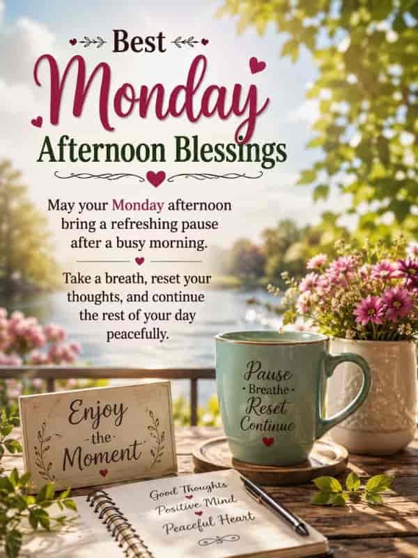 Best Monday Afternoon Blessings with a peaceful message about taking a refreshing pause, resetting your thoughts, and continuing the day peacefully, featuring flowers, a coffee mug, and warm afternoon scenery.