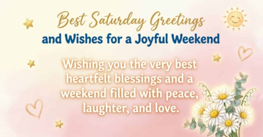 Best Saturday Greetings and Wishes for a Joyful Weekend featuring cheerful daisies, stars, hearts, and a smiling sun illustration with the message: 'Wishing you the very best heartfelt blessings and a weekend filled with peace, laughter, and love.