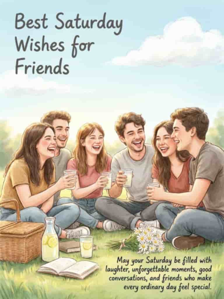 Best Saturday wishes for friends featuring a group of friends laughing together outdoors with drinks, flowers, and a picnic setting.