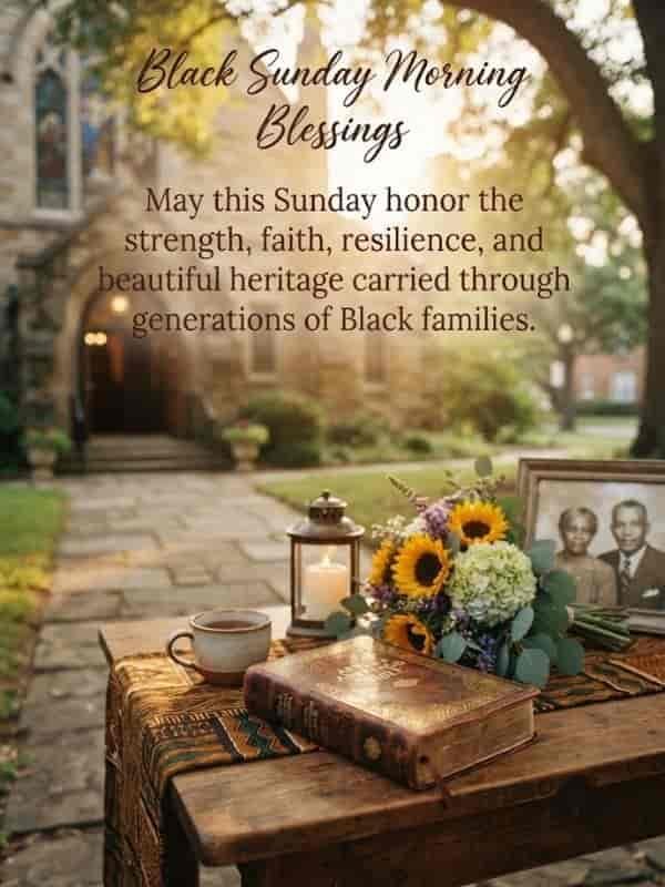 Black Sunday morning blessings graphic with a vintage Bible, flowers, and a warm church background, honoring the faith and heritage of Black families.