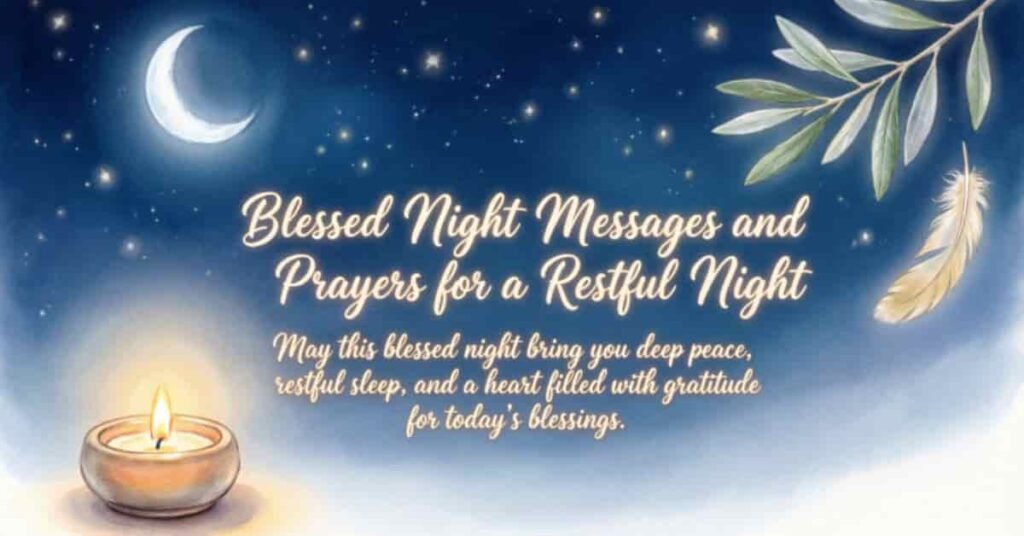 Blessed Night Messages and Prayers for a Restful Night image featuring a glowing candle, crescent moon, stars, olive branches, and an inspiring Christian prayer wishing peaceful sleep, gratitude, and God's blessings.