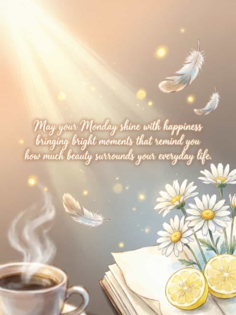 Happy Monday blessing image with a warm sunrise, floating feathers, daisies, coffee, lemons, and a message wishing a joyful Monday filled with bright moments and everyday beauty.