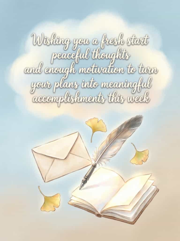Monday blessing image with a peaceful sky, open book, feather pen, envelope, and leaves, wishing for a fresh start, peaceful thoughts, motivation, and meaningful accomplishments throughout the week.