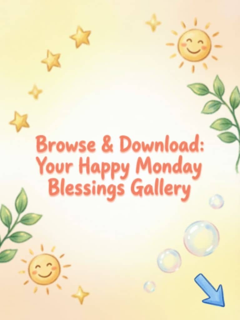 Happy Monday blessings gallery with cheerful sun, stars, green leaves, bubbles, and a download arrow
