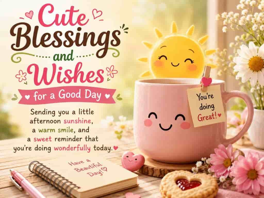 Cute blessings and wishes for a good day with a smiling pink coffee mug, sunshine, flowers, and a sweet afternoon message of encouragement.