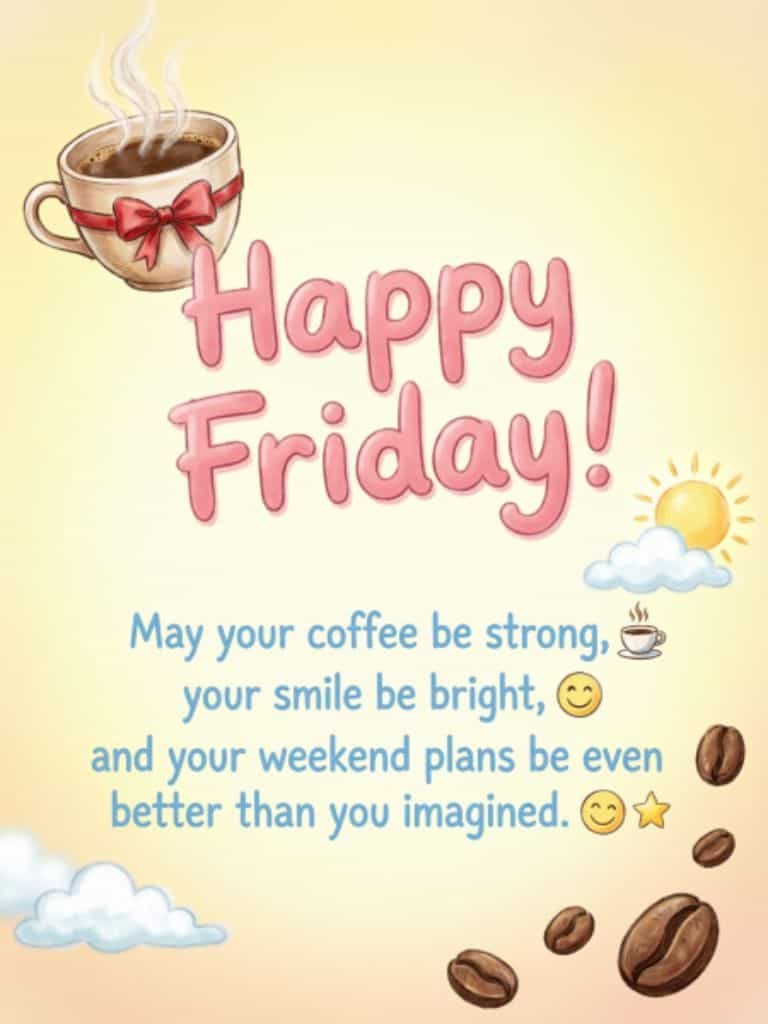 Cute Happy Friday greetings image with a steaming coffee cup, coffee beans, sunshine, clouds, and a cheerful message wishing for strong coffee, bright smiles, and a wonderful weekend.
