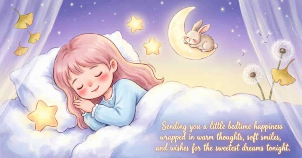 Cute good night image of a sleeping girl under a cozy blanket, surrounded by glowing stars, a crescent moon with a bunny, and a sweet bedtime message wishing peaceful dreams.