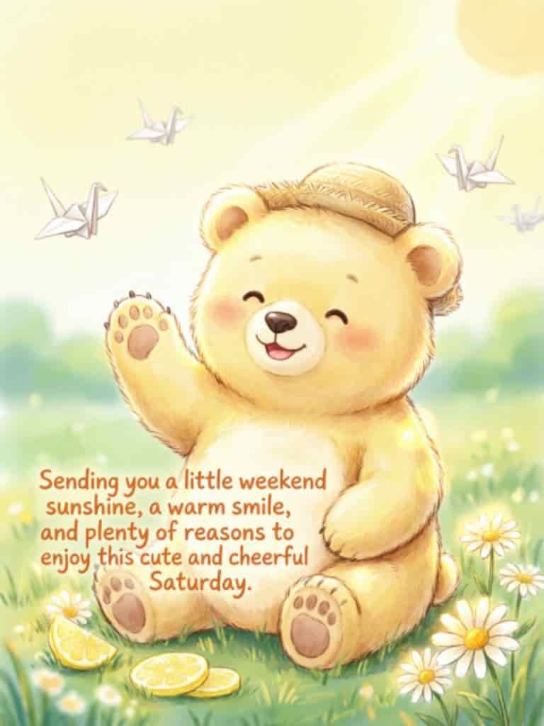 Cute Saturday weekend blessing featuring a cheerful teddy bear waving in a sunny meadow with daisies, lemon slices, and a positive weekend message.