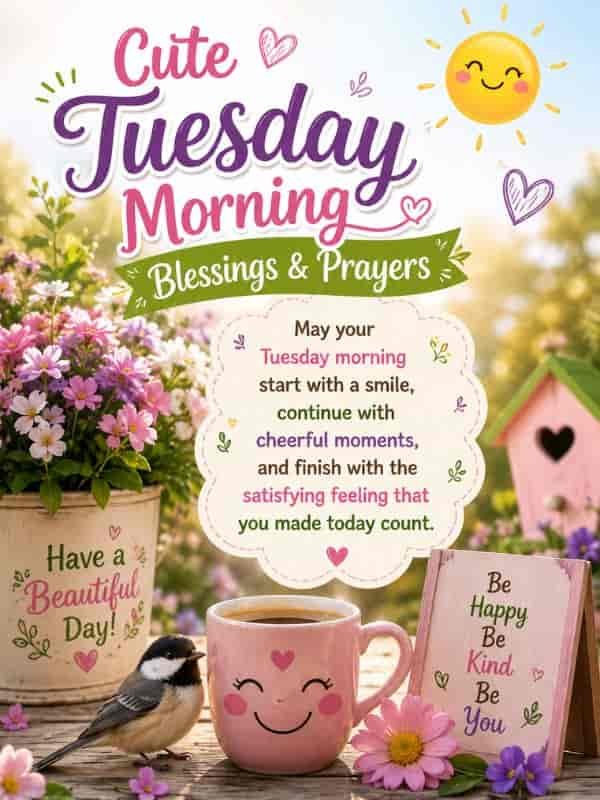 Cute Tuesday morning blessings and prayers with a cheerful garden scene, colorful flowers, smiling sun, coffee mug, bird, and a positive message wishing a joyful and meaningful Tuesday.