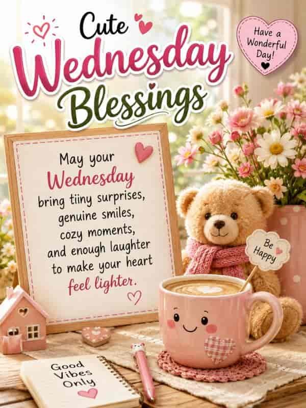 Cute Wednesday Blessings with a cozy teddy bear, smiling coffee mug, colorful flowers, and a heartfelt Wednesday blessing quote.