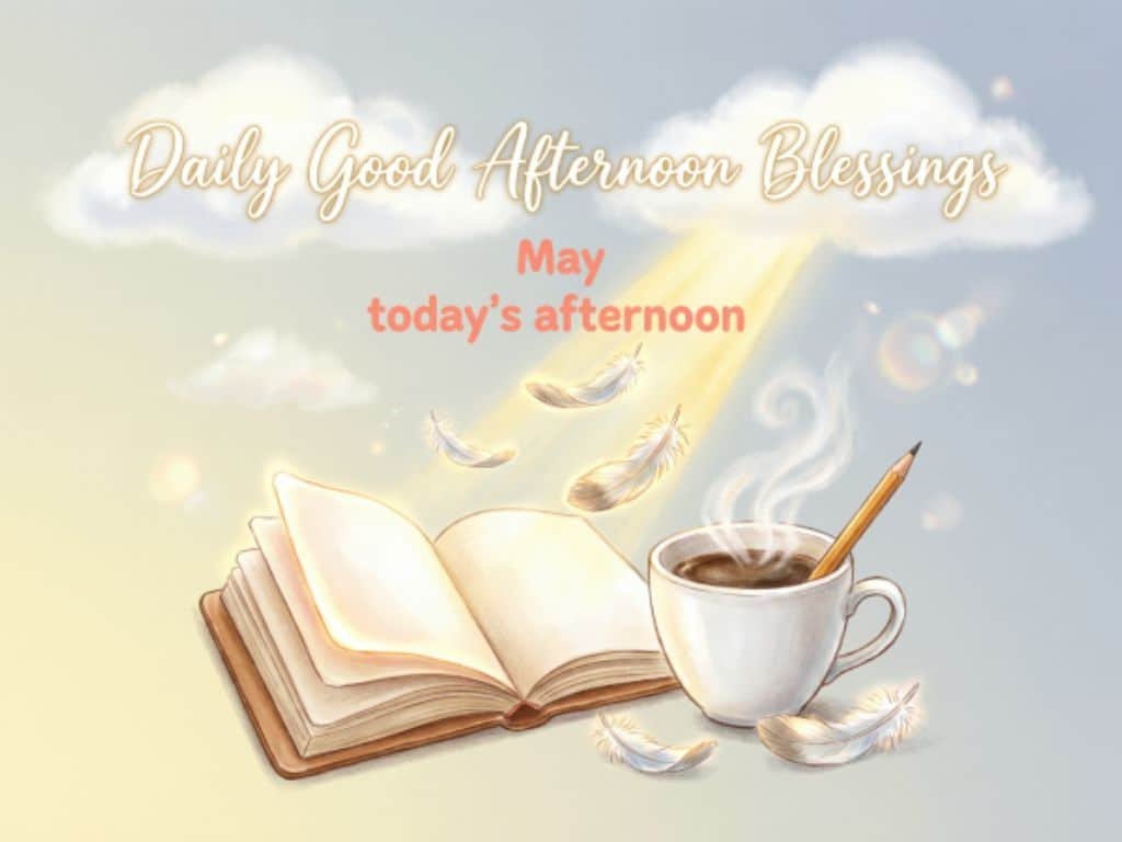 Daily good afternoon blessings quote with an open book, steaming cup of coffee, feathers, and soft sunlight in the background.
