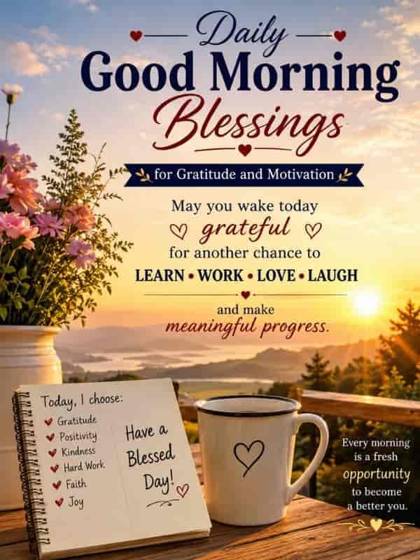 Daily Good Morning Blessings image with a sunrise, flowers, coffee cup, and gratitude message about learning, working, loving, laughing, and making meaningful progress.
