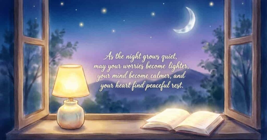Peaceful good night blessing with a crescent moon, stars, glowing lamp, and open book by a window, featuring a message about calmness, lighter worries, and restful sleep.