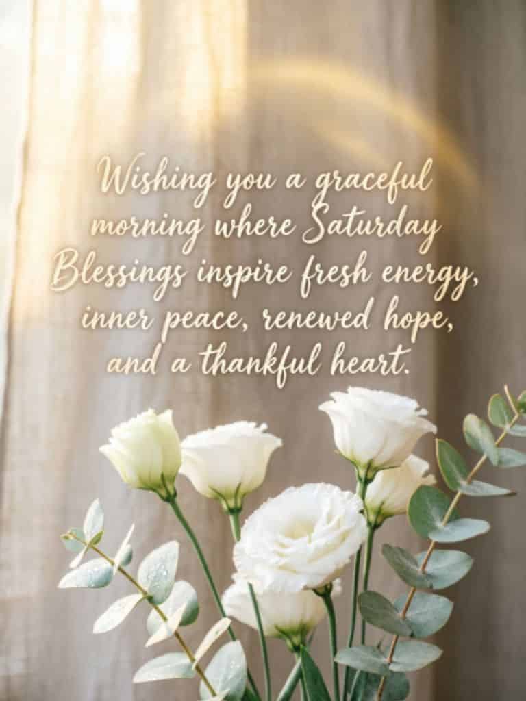 Elegant Saturday morning blessings quote with white flowers and eucalyptus leaves, wishing for fresh energy, inner peace, renewed hope, and a thankful heart.