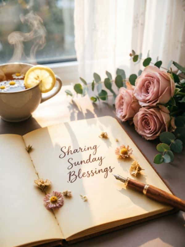 Open notebook with "Sharing Sunday Blessings" text, a fountain pen, roses, and a cup of tea.