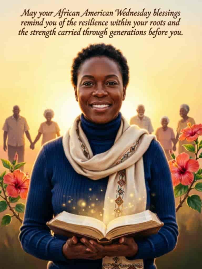 African American Wednesday blessings image featuring a smiling woman holding an open glowing Bible.