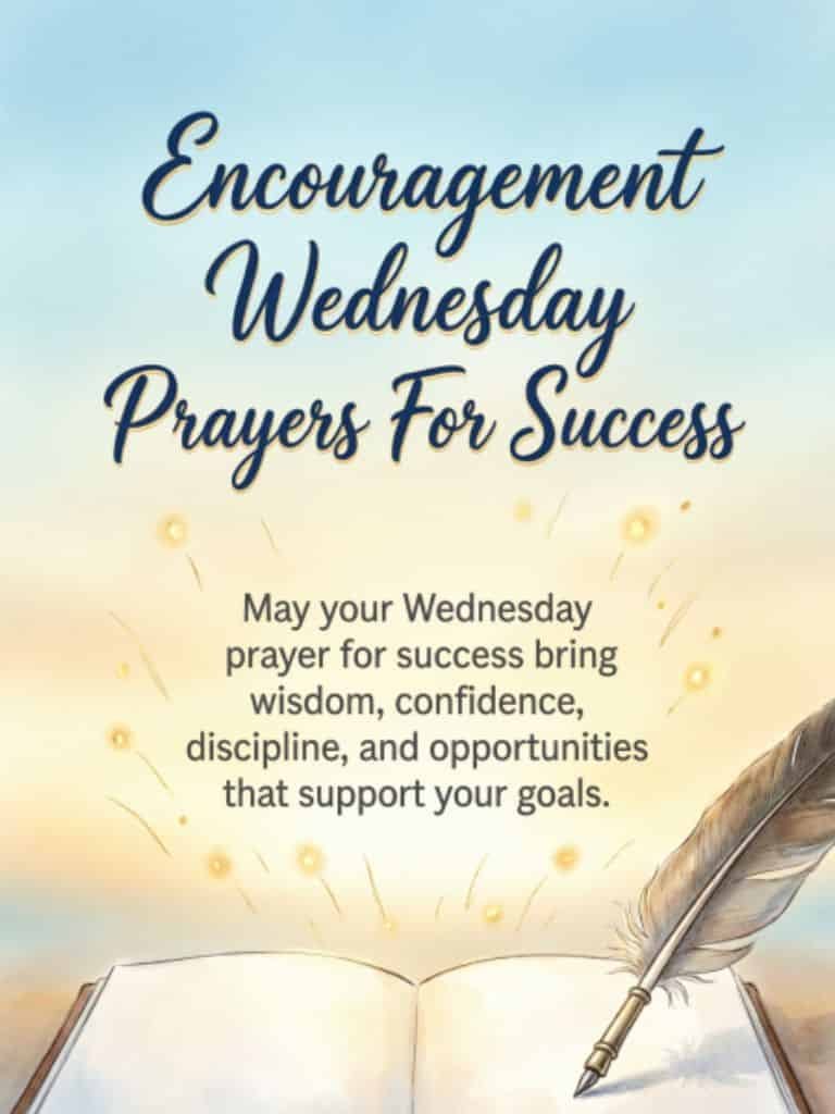 Encouragement Wednesday Prayers for Success graphic with an open book, feather quill, and inspirational prayer for wisdom, confidence, discipline, and achieving goals.