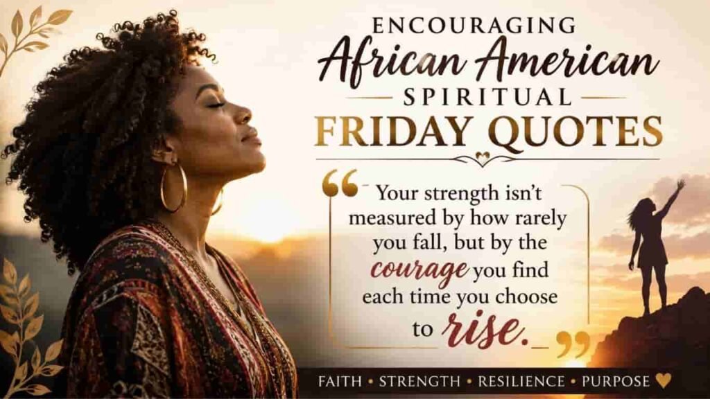 Encouraging African American Spiritual Friday Quotes featuring a Black woman at sunrise with the message, “Your strength isn’t measured by how rarely you fall, but by the courage you find each time you choose to rise.