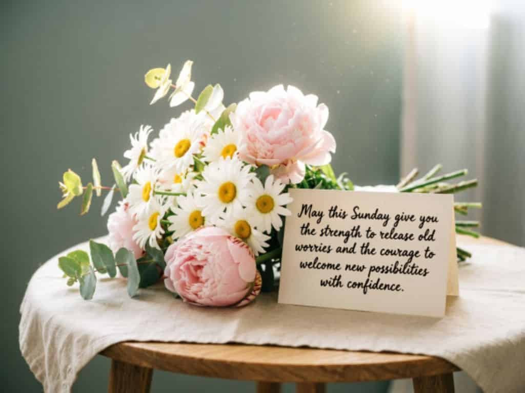 Sunday blessings message with pink flowers and daisies on table with motivational quote card