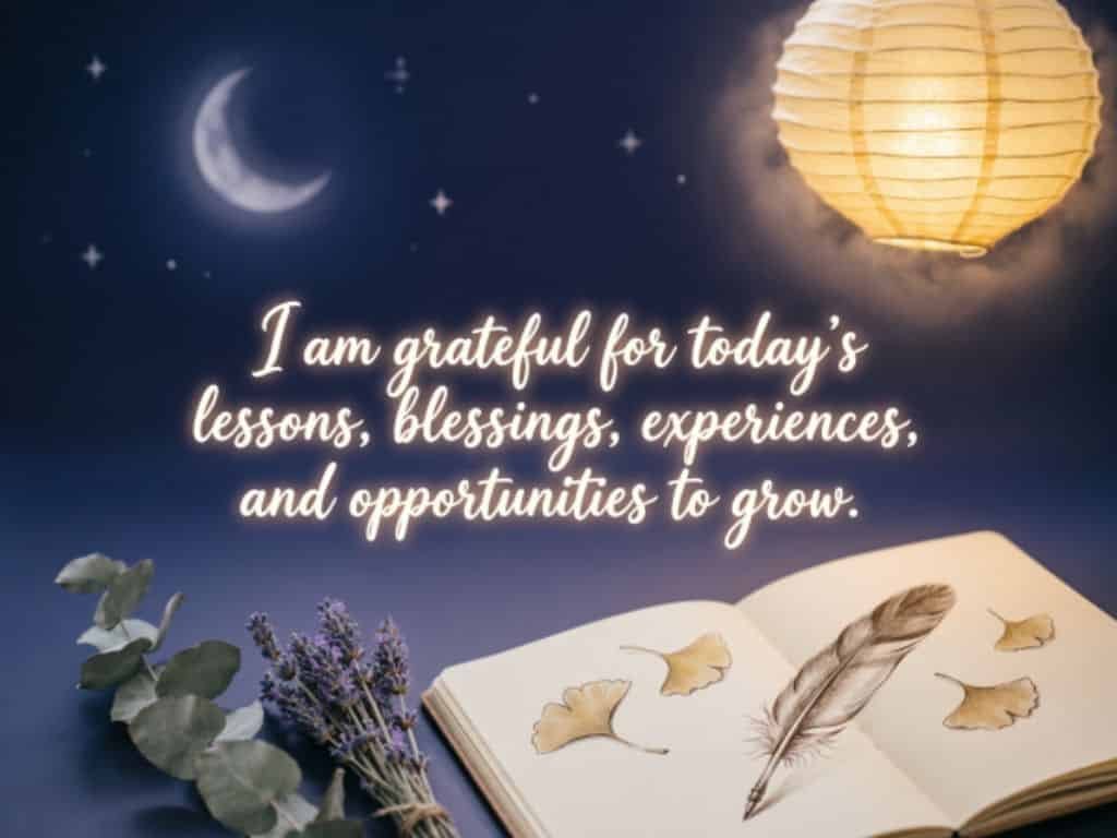 Evening affirmation quote image with journal, glowing lantern, crescent moon, and stars