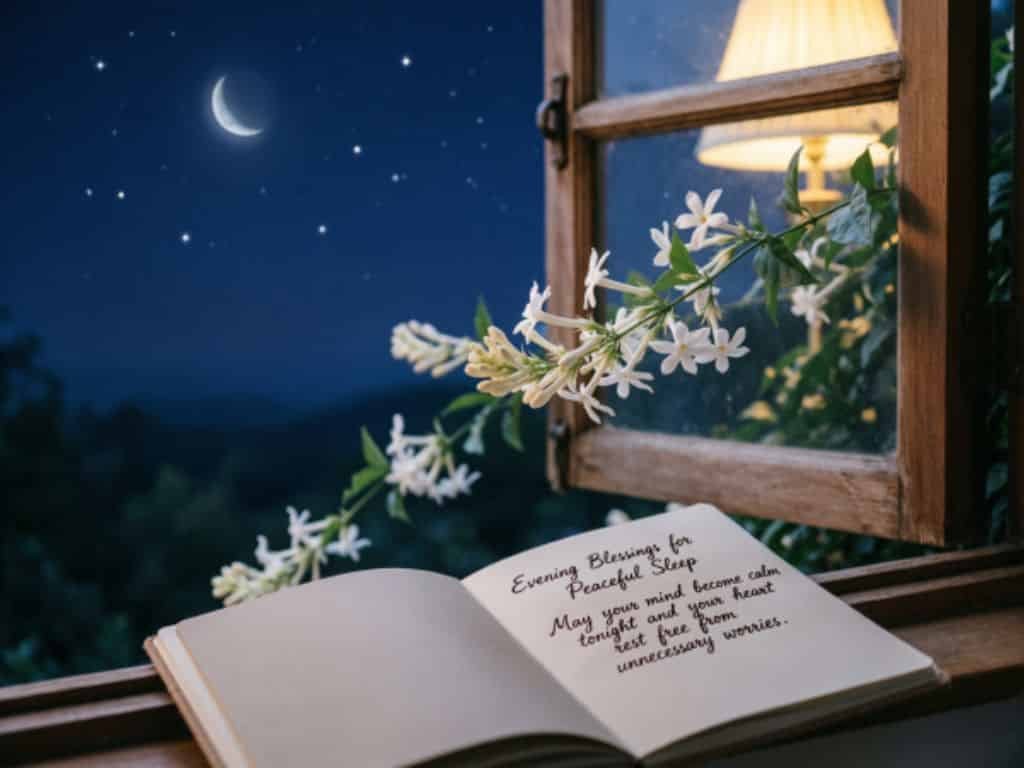 Cozy window view at night with moon, stars, and open book with evening blessings