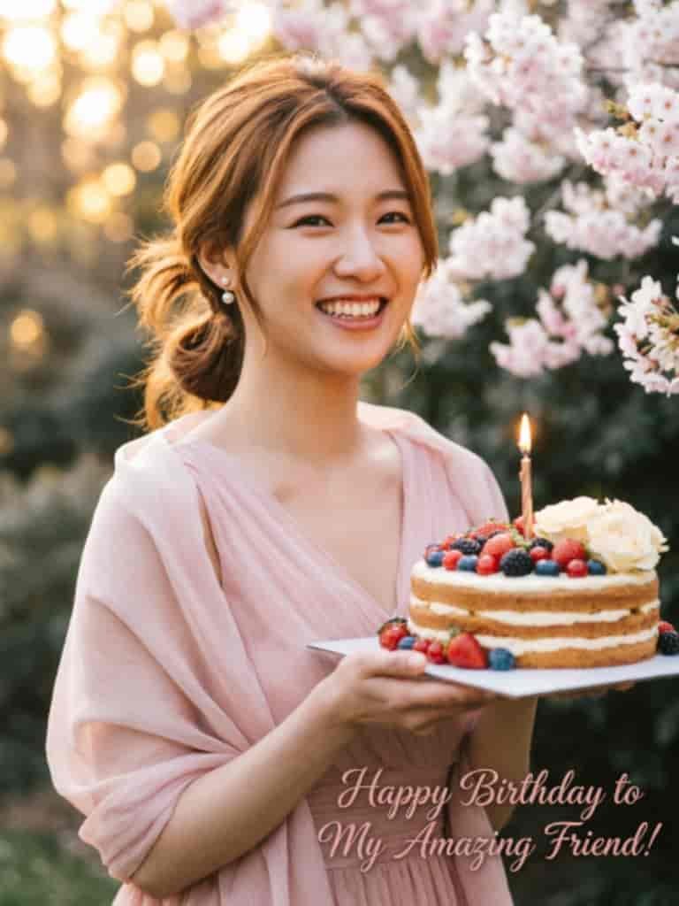 Smiling woman in a pink dress holding a berry-topped birthday cake with a lit candle in a flower-filled garden, with Happy Birthday message for an amazing friend.