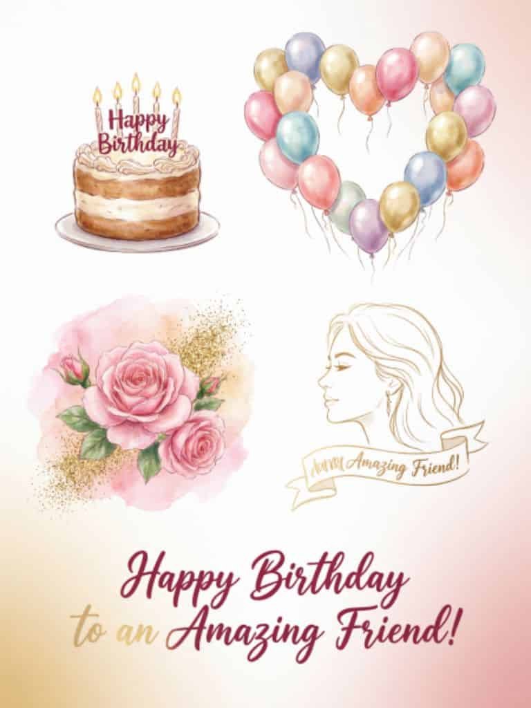 Happy Birthday greeting card for an amazing female friend featuring a birthday cake, colorful balloons, pink roses, and an elegant woman illustration.