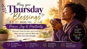 Free Thursday blessings image with a Black woman enjoying a peaceful morning, featuring messages of peace, joy, gratitude, positivity, and faith.