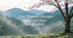 Free Thursday blessings image featuring a peaceful mountain landscape, blooming cherry blossom tree, and a message for peace and positivity.