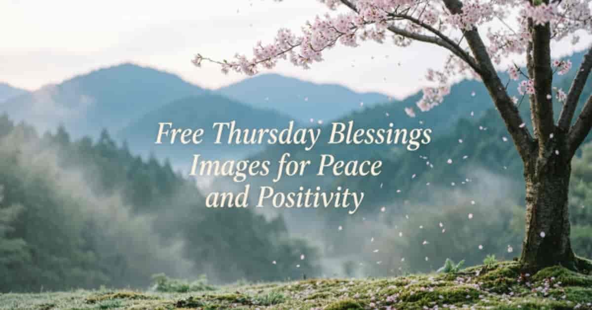 Free Thursday blessings image featuring a peaceful mountain landscape, blooming cherry blossom tree, and a message for peace and positivity.