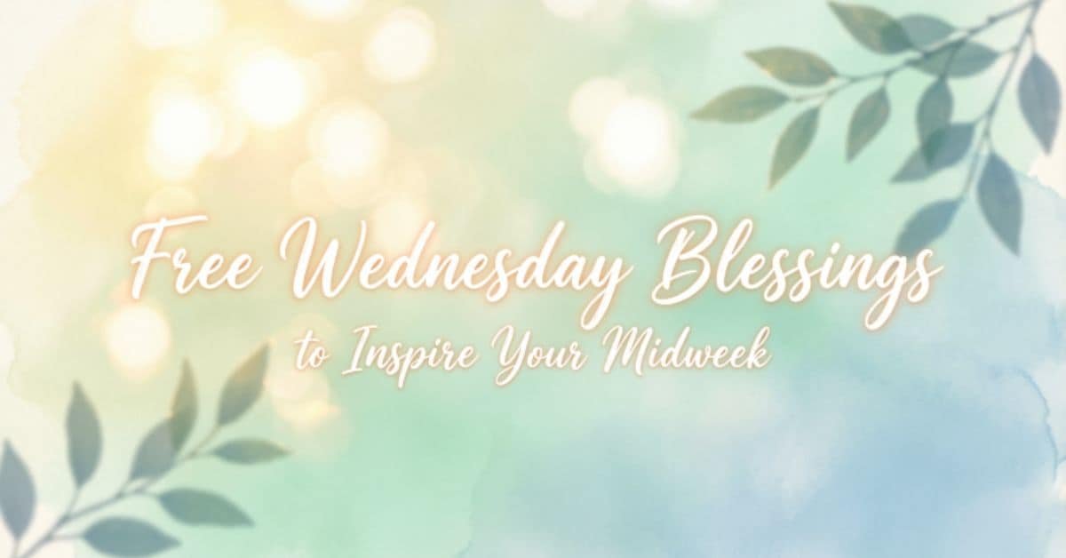 Free Wednesday blessings image with inspirational midweek message and soft pastel leaf background.