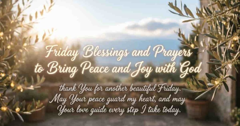 Friday blessings and prayers image with olive branches and warm sunlight, featuring a peaceful message asking God to bring peace, joy, love, and guidance throughout the day.