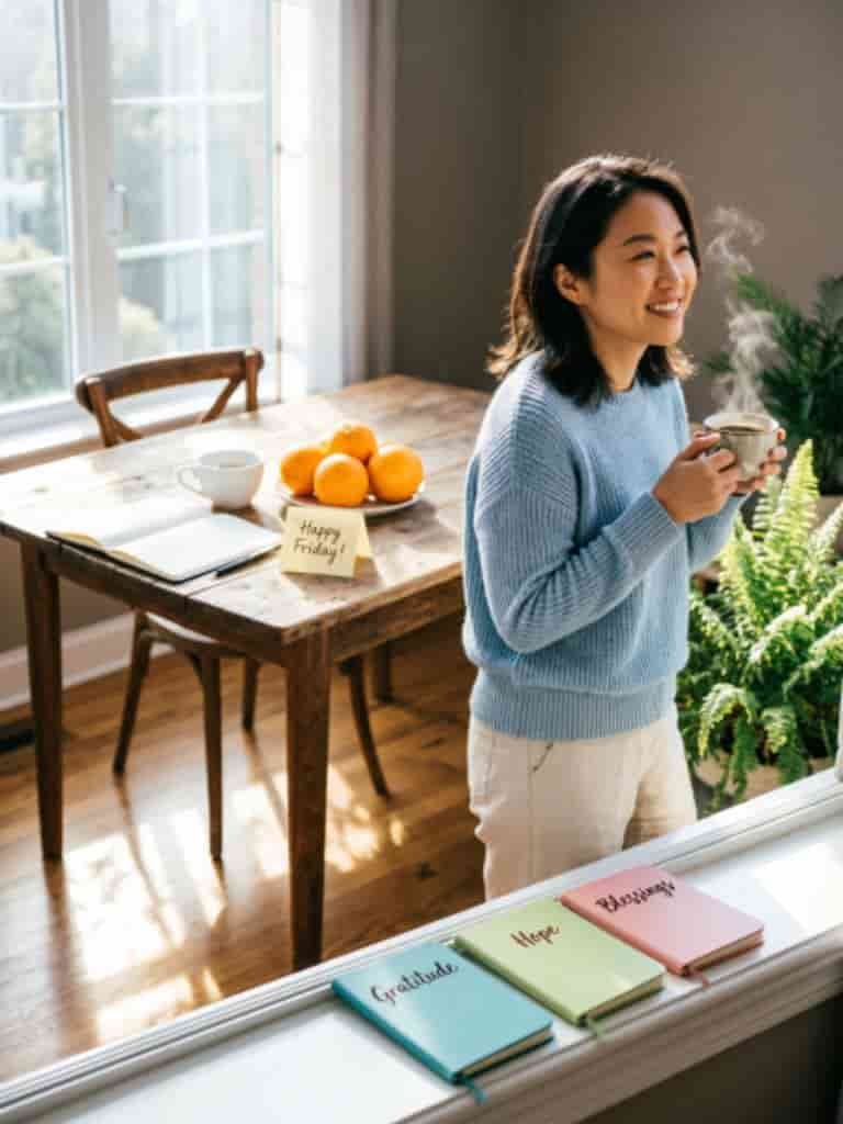 Friday blessings scene with a smiling woman holding a cup of coffee, fresh oranges on a table, and gratitude-themed notebooks.