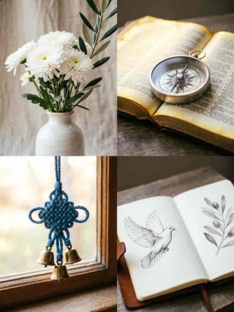 Friday blessings collage featuring white flowers, an open Bible with a compass, hanging bells, and a journal with a dove illustration.