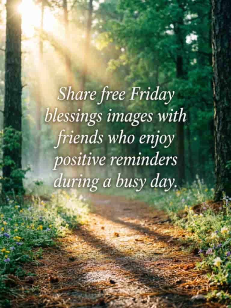 Free Friday blessings image with a peaceful forest path and sunlight, encouraging sharing positive reminders with friends.
