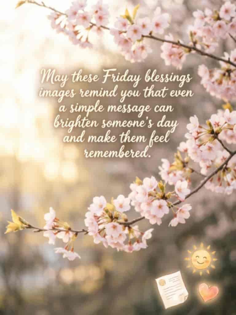 Friday blessings image with delicate pink cherry blossoms and a heartfelt message about how a simple message can brighten someone’s day and make them feel remembered.