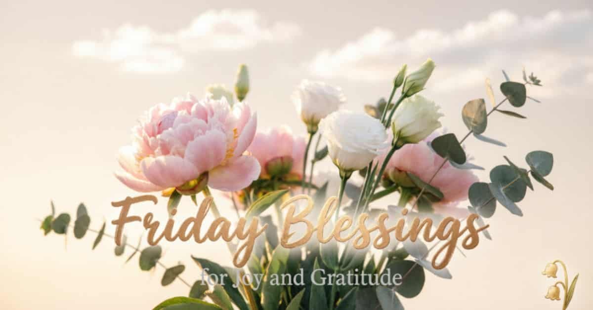 Friday blessings for joy and gratitude with beautiful pink and white flowers.