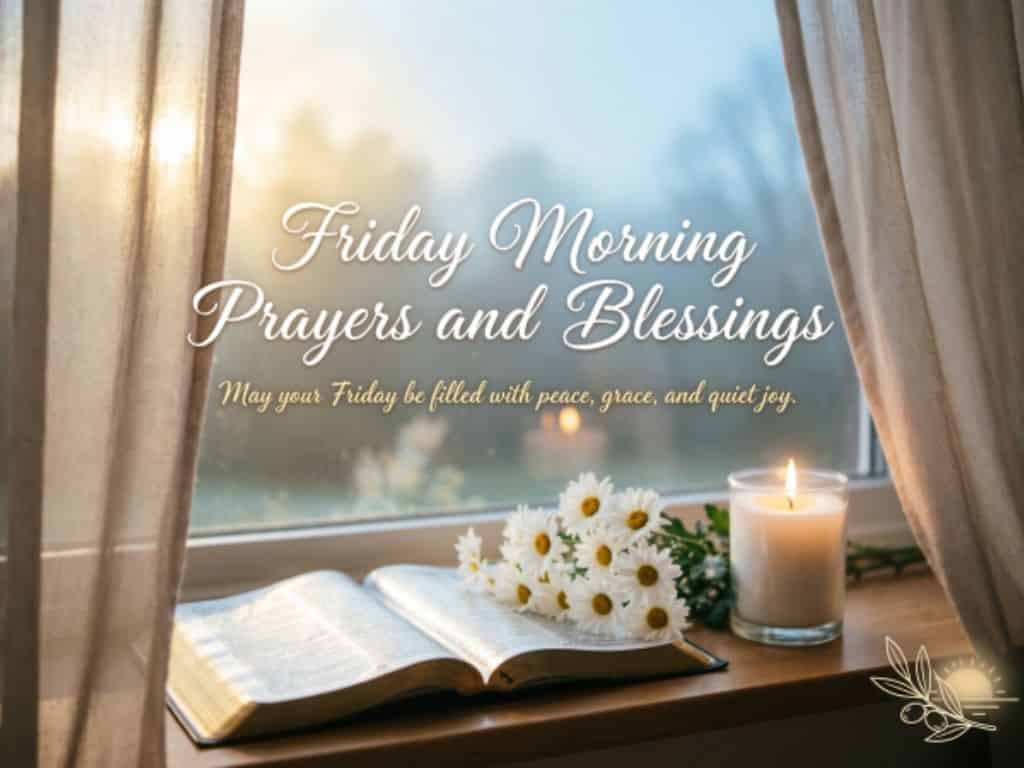 Friday morning prayers and blessings with an open Bible, flowers, and a candle by a window, wishing peace, grace, and quiet joy.