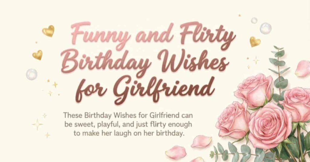 Funny and flirty birthday wishes for girlfriend with pink roses, hearts, sparkles, and a playful romantic birthday message.