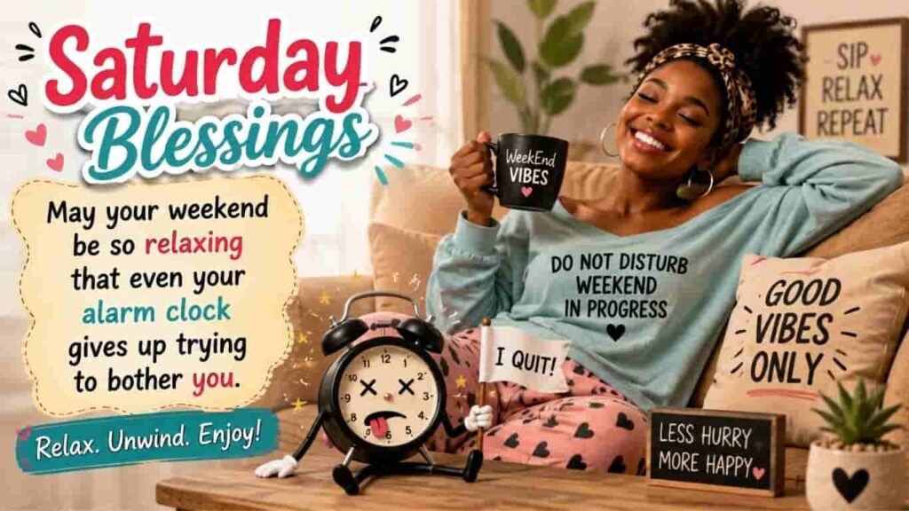 Funny and playful Saturday Blessings image featuring a smiling Black woman relaxing on a couch with a coffee mug, a humorous alarm clock holding an “I QUIT!” sign, and the message, “May your weekend be so relaxing that even your alarm clock gives up trying to bother you.