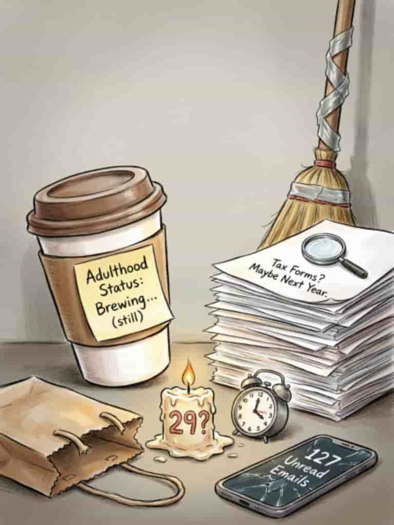 Funny birthday illustration featuring a coffee cup labeled “Adulthood Status: Brewing… (still),” a stack of tax forms, a broom, a 29th birthday candle, an alarm clock, and a phone showing unread emails.