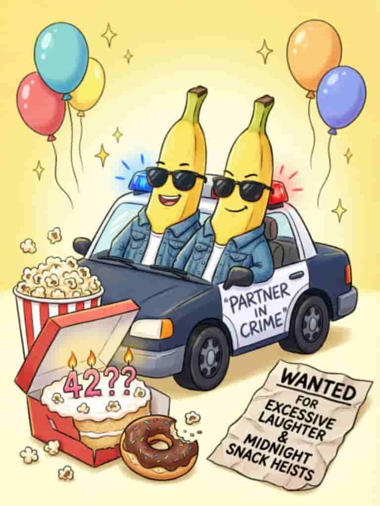 Funny birthday illustration of two banana best friends wearing sunglasses and riding in a car labeled “Partners in Crime,” surrounded by balloons, popcorn, cake, donuts, and a humorous wanted poster.