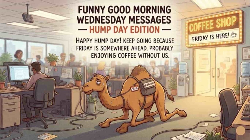 Funny Good Wednesday Messages Hump Day edition featuring a tired camel sitting in an office next to a coffee shop sign.