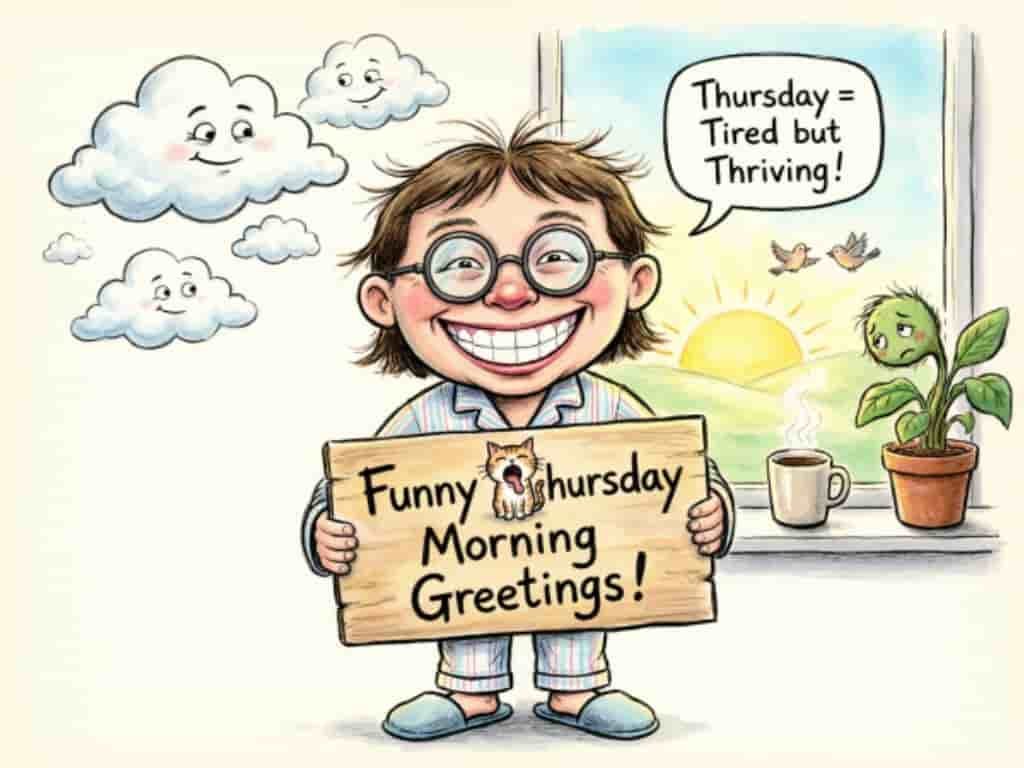 Funny Thursday morning greetings featuring a cheerful child holding a sign, with smiling clouds, a sunrise, coffee cup, and potted plant in the background.