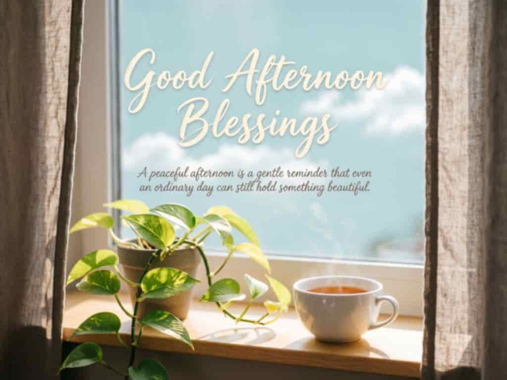 Good afternoon blessings quote by a sunny window with a green houseplant and a cup of tea, celebrating the beauty of an ordinary peaceful day.