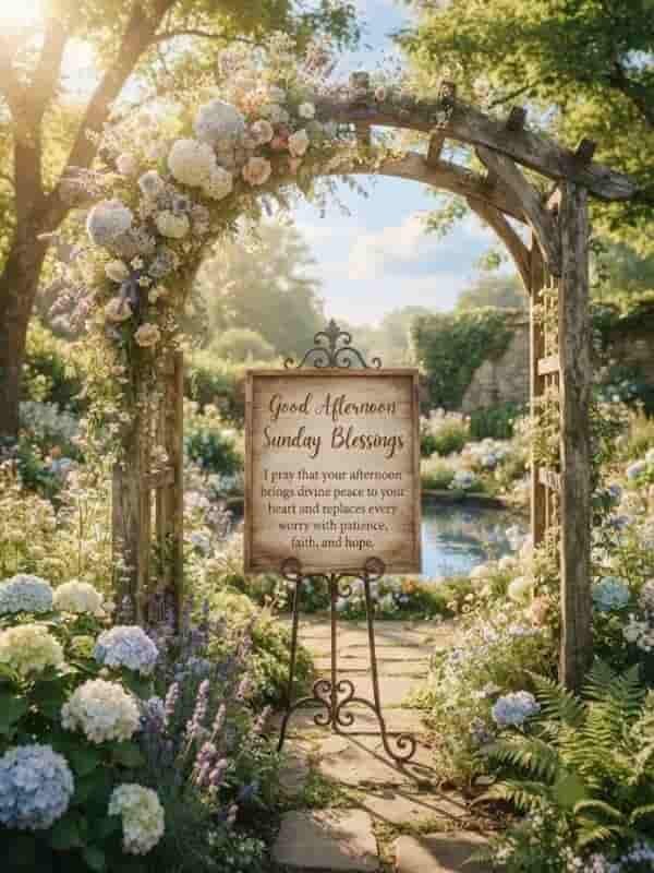 A serene garden archway decorated with pastel flowers and lavender, framing a wooden sign that reads 'Good Afternoon Sunday Blessings.