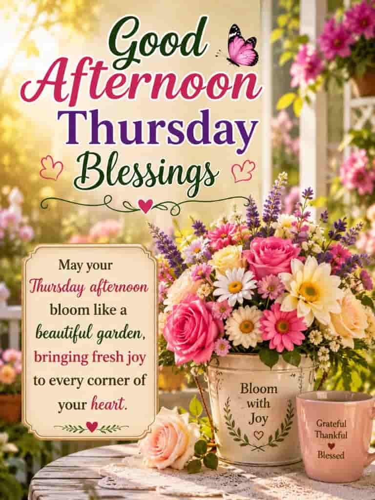 Good afternoon Thursday blessings image with colorful flowers, butterfly, and inspirational message about joy, positivity, and blooming like a beautiful garden.