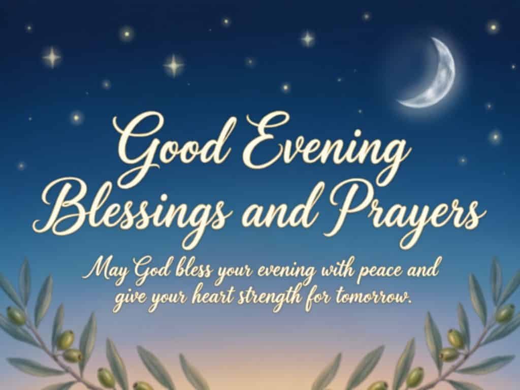 Good Evening Blessings and Prayers image with starry night sky and crescent moon