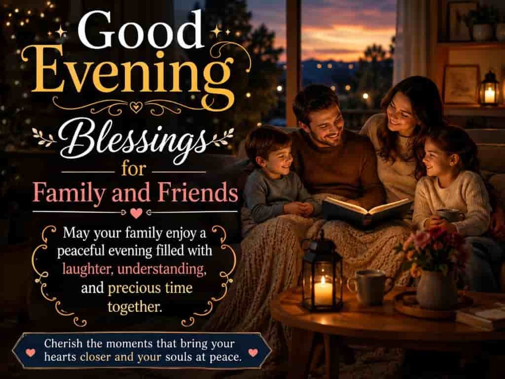 Good evening blessings for family and friends featuring a family gathered together reading a book by candlelight, with a message about peace, laughter, and cherished moments.