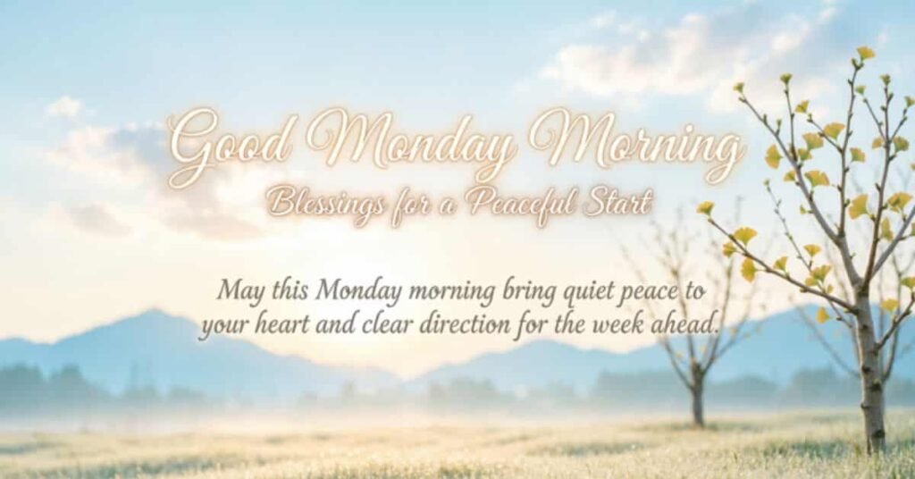Good Monday morning blessings image featuring a peaceful sunrise landscape, trees, and an inspirational message wishing peace, clarity, and a blessed start to the new week.